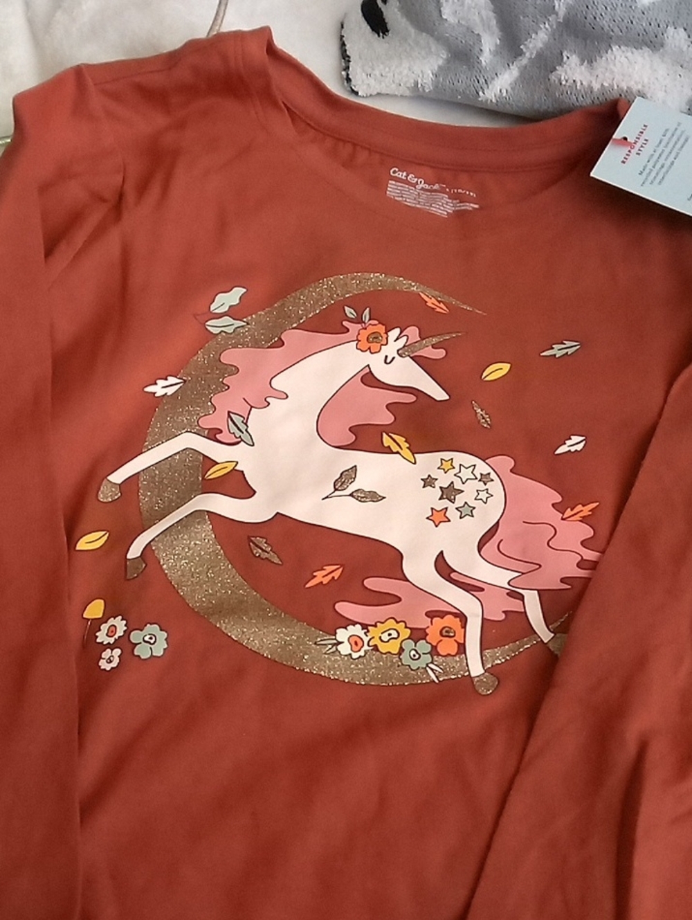 Cat & Jack Rust Long-Sleeve Unicorn Top with Pink Accents
